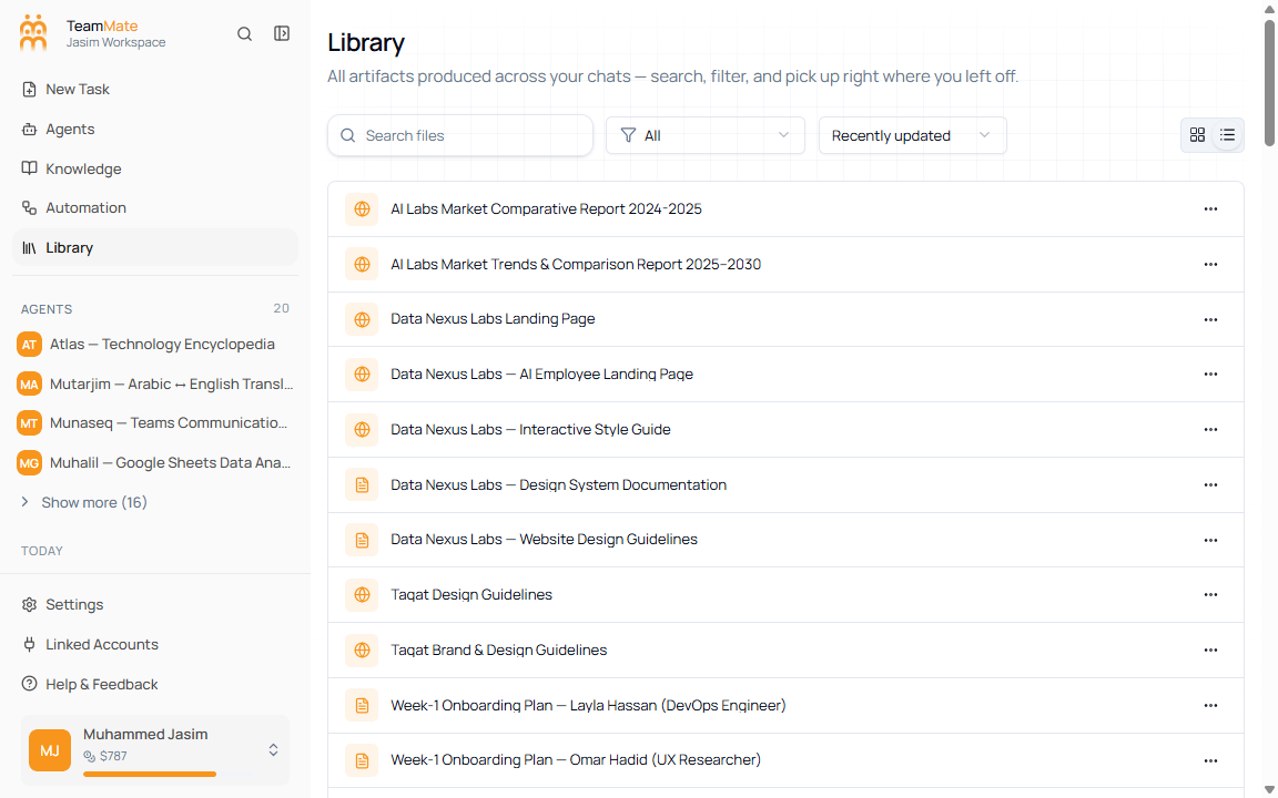 Library list view showing compact artifact rows and per-row actions