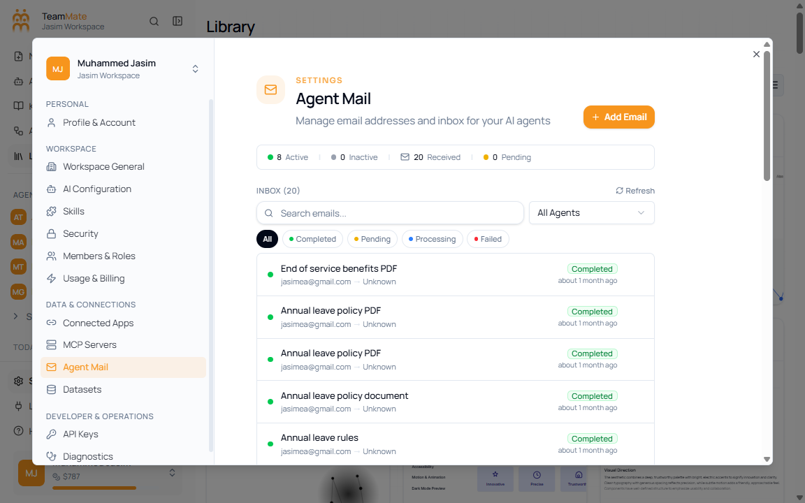 Settings dialog Agent Mail section showing Add Email, Refresh, search, agent filter, and setup status columns