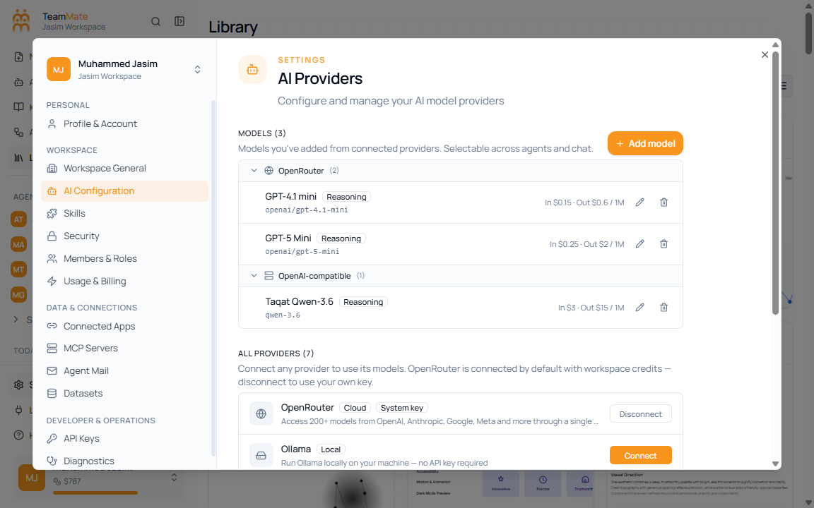 Settings dialog AI Configuration section showing provider rows, connection actions, and Add model