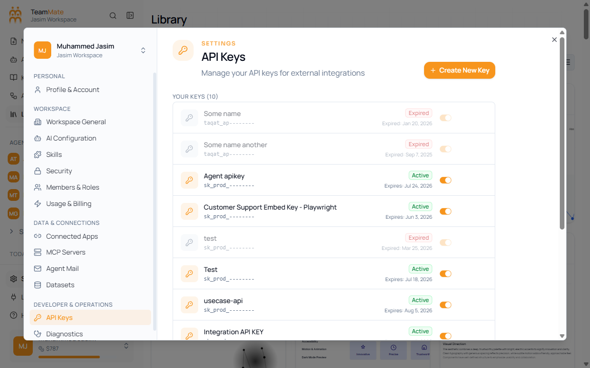 Settings dialog API Keys section showing Create New Key, Show preview, and Delete key controls