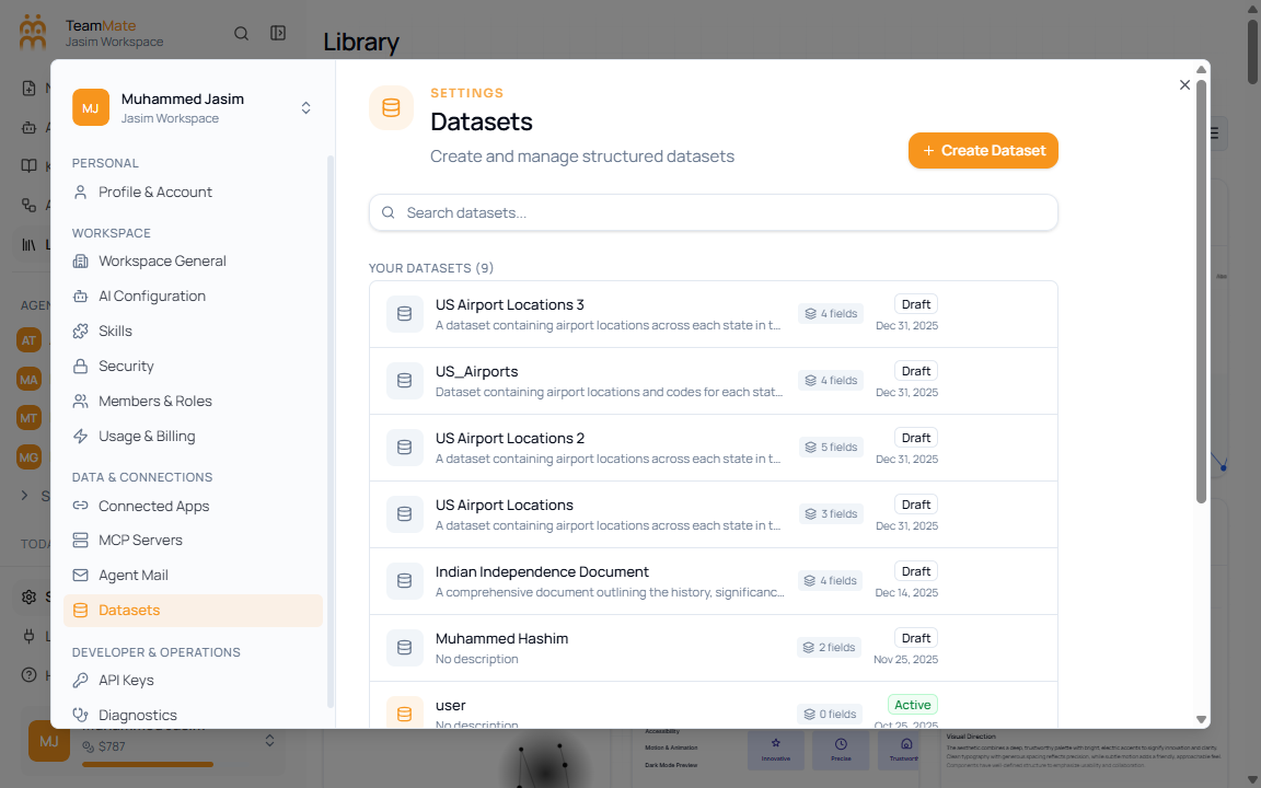 Settings dialog Datasets section showing Create Dataset, search, and dataset row actions