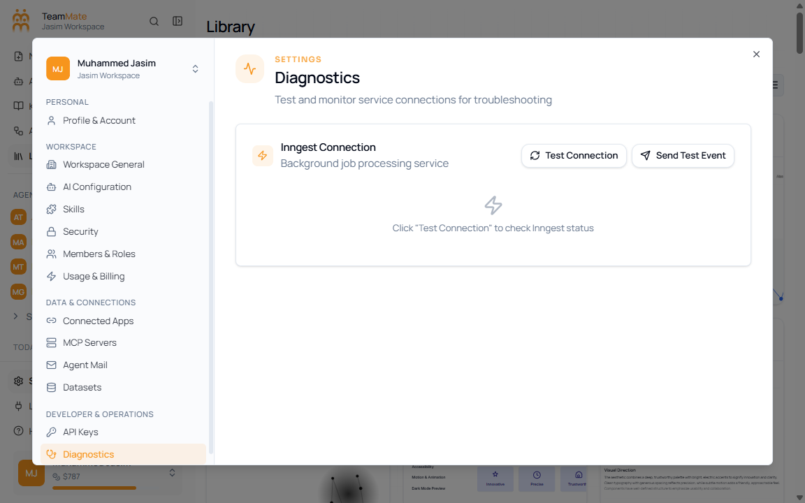Settings dialog Diagnostics section showing Inngest Connection, Test Connection, and Send Test Event controls