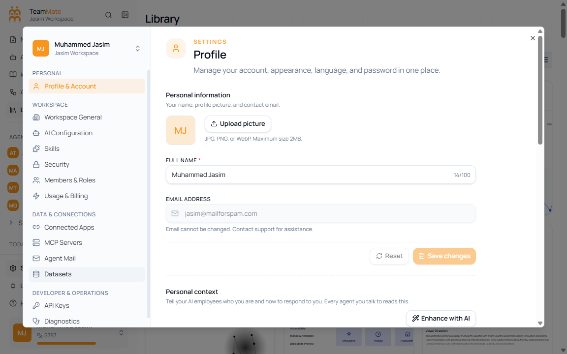 Settings dialog opened to Profile and Account with grouped navigation on the left