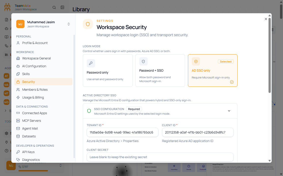 Settings dialog Security section showing login mode choices, SSO configuration, redirect URI, and allowed domains