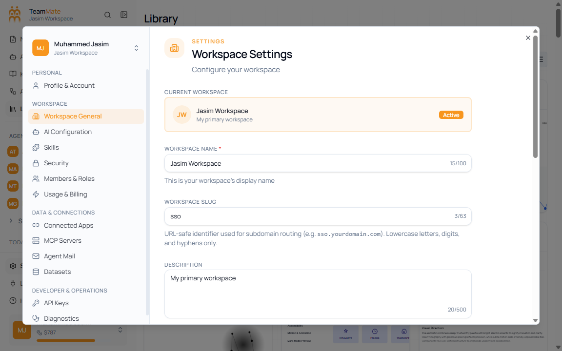 Settings dialog Workspace General section with workspace name, slug, and description fields