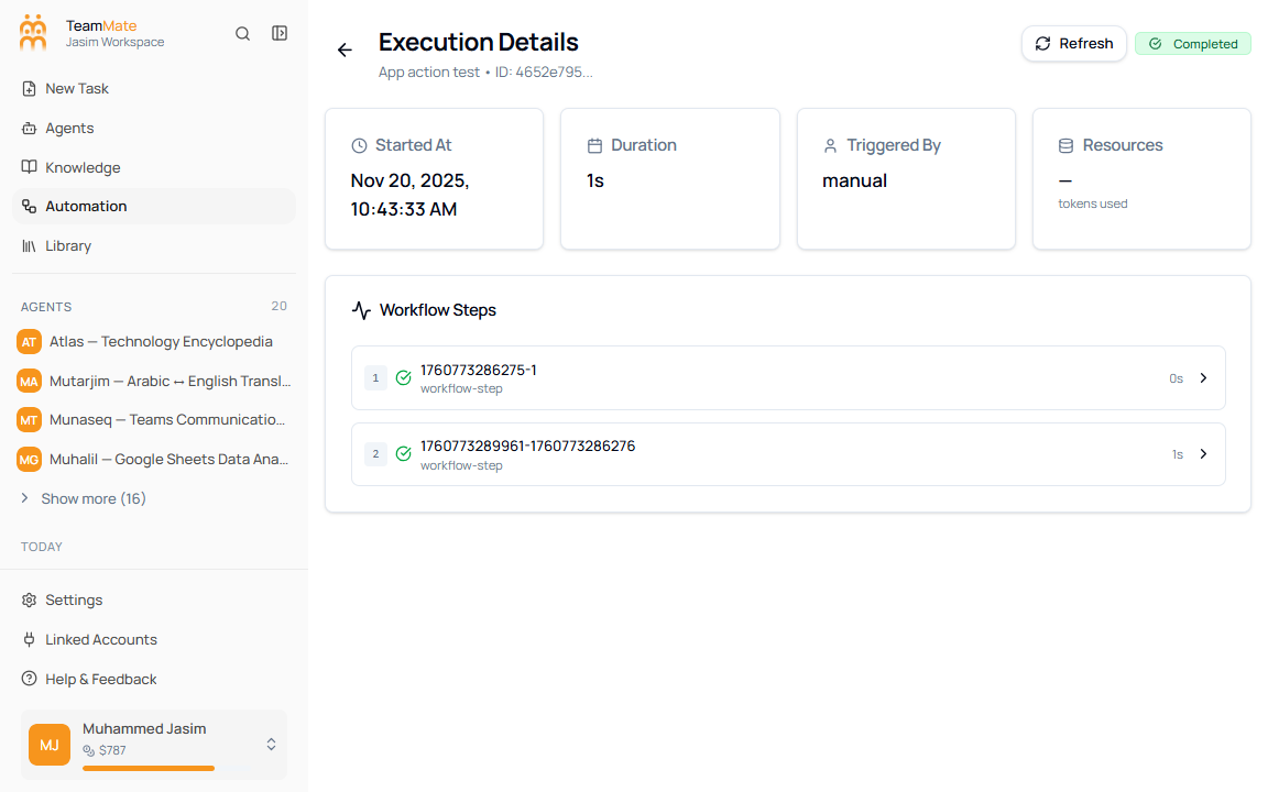 Execution Details page showing Started At, Duration, Triggered By, Resources, and Workflow Steps