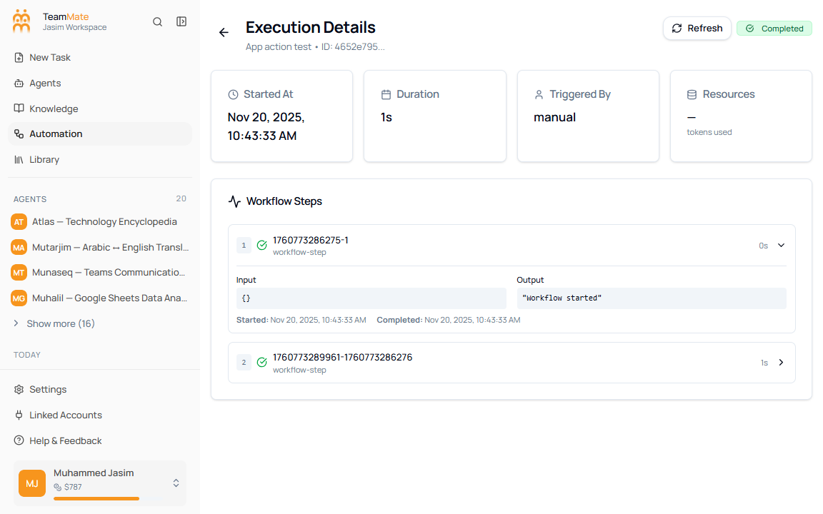 Expanded workflow step showing input, output, started time, and completed time