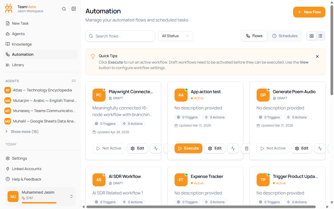 Automation page on the Flows tab showing workflow cards, search, status filter, view toggle, quick tips, and New Flow button