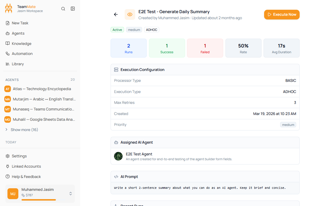 Schedule detail page showing Execute Now, status badges, run statistics, execution configuration, assigned agent, AI prompt, and recent runs