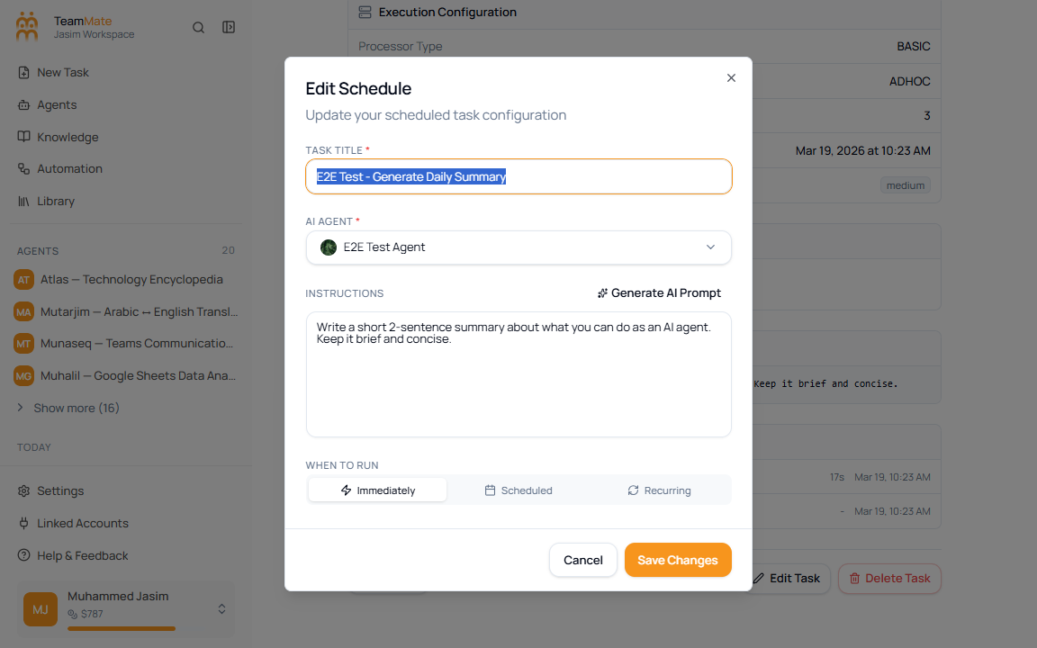Edit Schedule dialog with the same fields used when creating a schedule