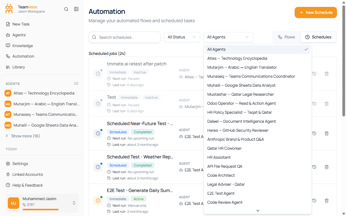 Schedules agent filter menu showing All Agents and available workspace agents
