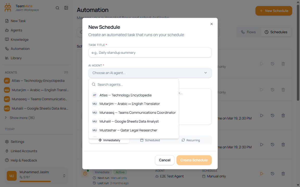AI Agent picker in the New Schedule dialog showing searchable agent options