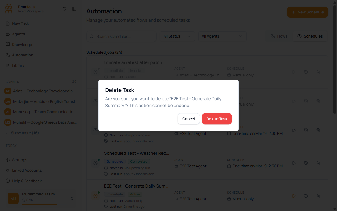 Delete Task confirmation dialog warning that the scheduled job deletion cannot be undone