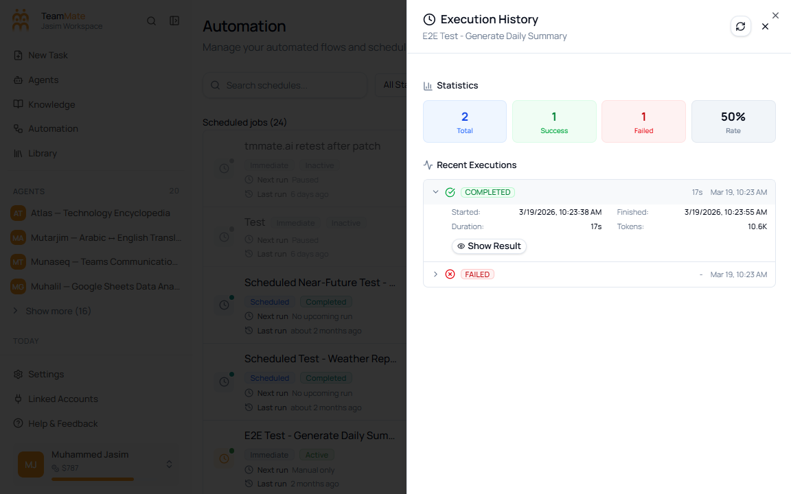 Expanded scheduled job execution showing started time, finished time, duration, and token usage
