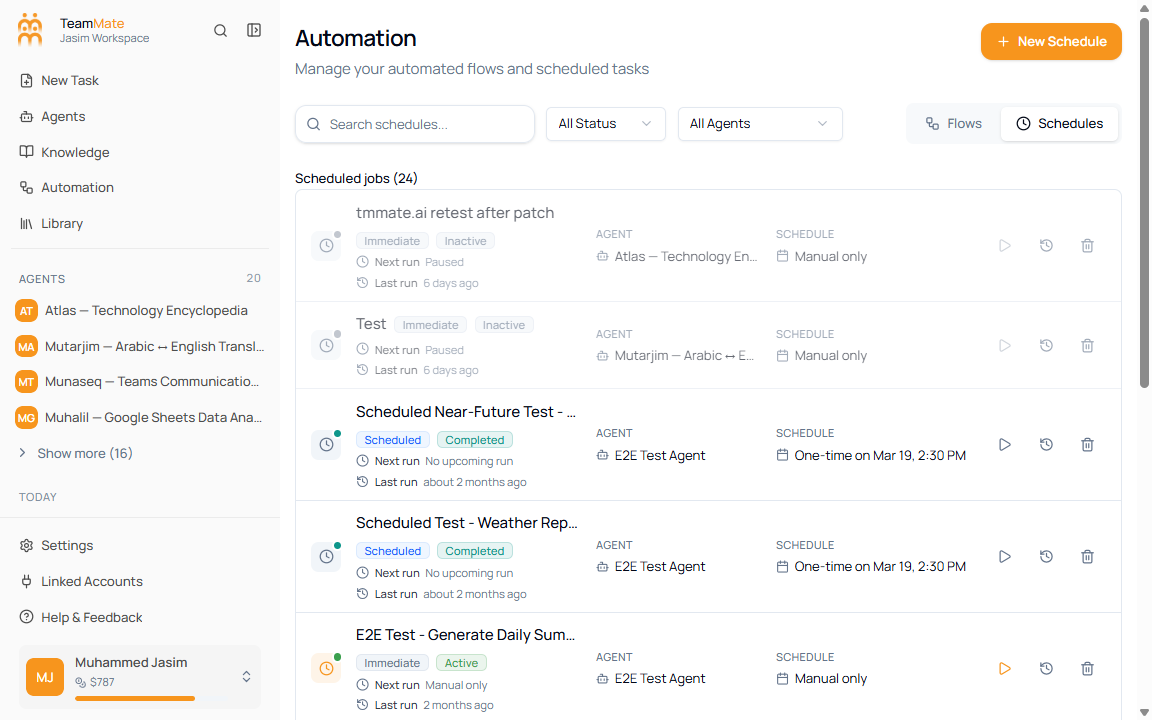 Automation page on the Schedules tab showing search, status filter, agent filter, scheduled job rows, and New Schedule