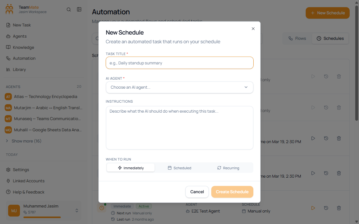 New Schedule dialog with Task Title, AI Agent, Instructions, Generate AI Prompt, and Immediately selected