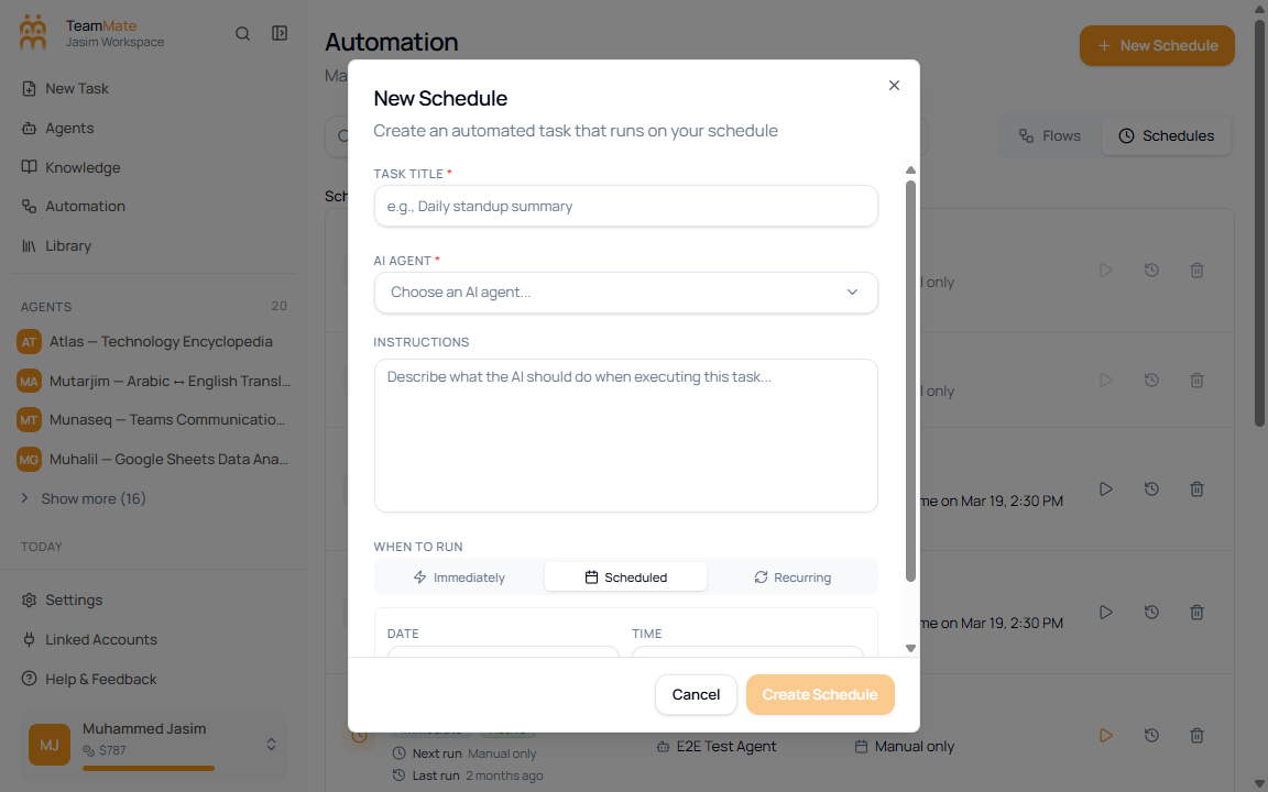 New Schedule dialog with Scheduled selected and Date and Time fields visible