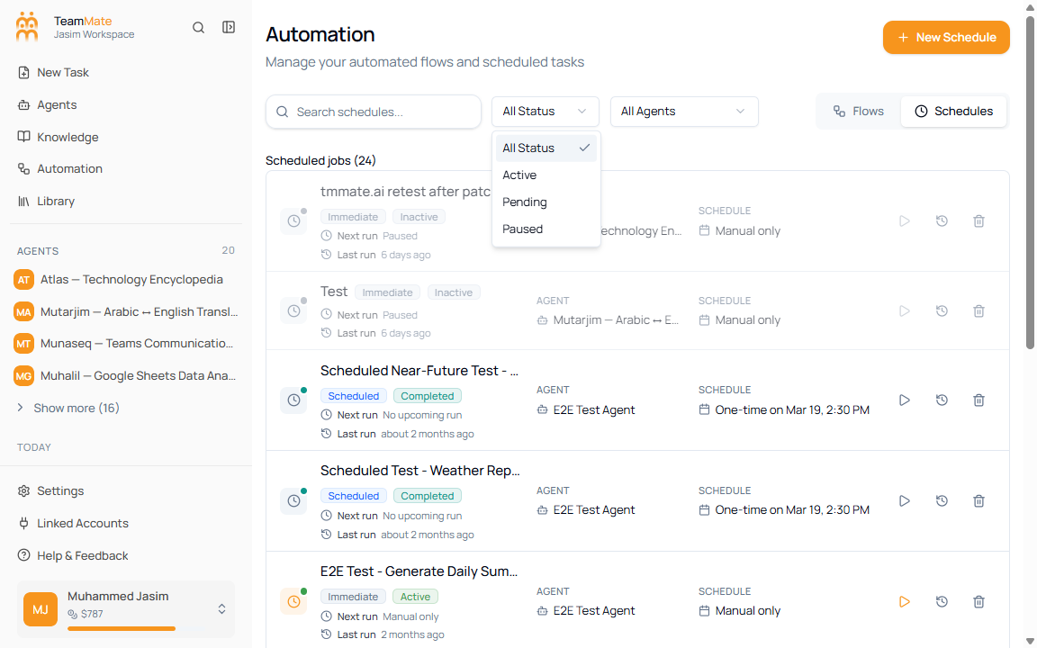 Schedules status filter menu showing All Status, Active, Pending, and Paused